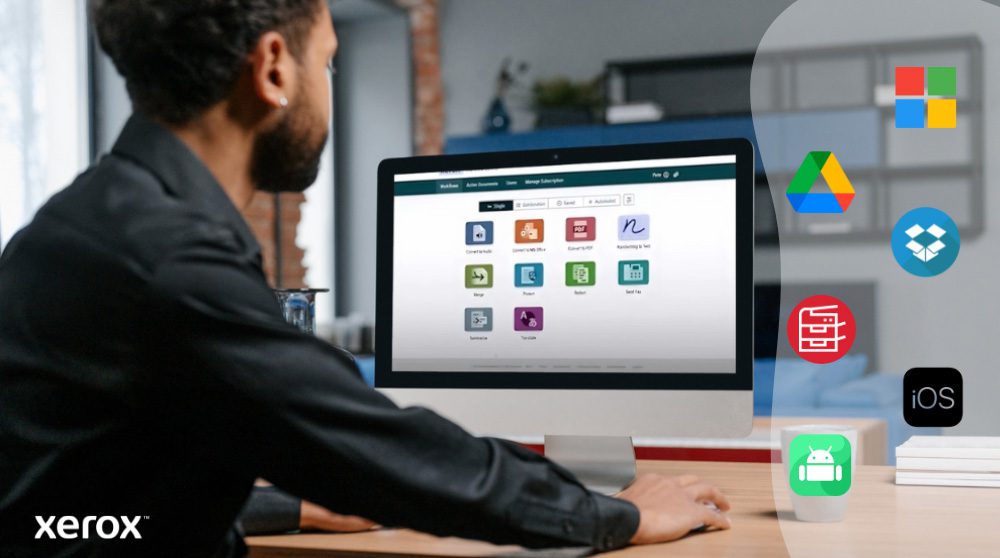 Xerox® Workflow Central Platform: ampia compatibilità con le piattaforme Una persona è seduta a una scrivania e guarda lo schermo di un computer che mostra l'interfaccia di Xerox Workflow Central. Sulla destra, le icone di Microsoft, Google Drive, Dropbox, un archivio, iOS e Android illustrano l'ampia compatibilità.