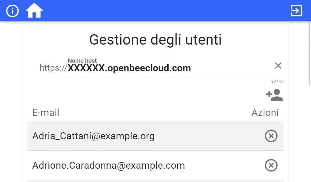 Applicazione Open Bee Connect - Schermata di gestione degli utenti Schermata di configurazione Open Bee gestione utenti