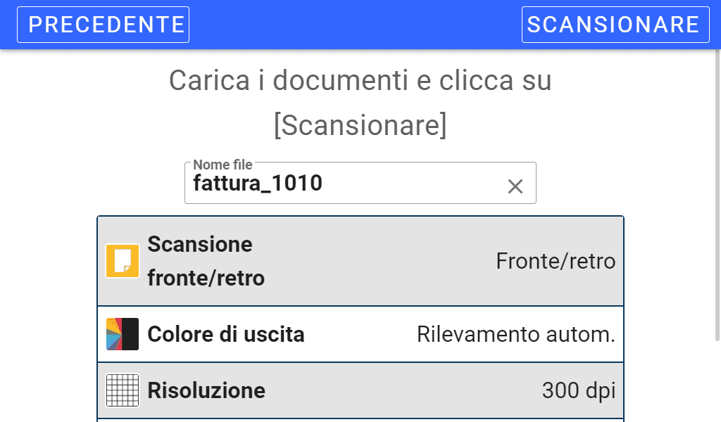 Applicazione Open Bee Connect - Schermata di scansione Schermata di configurazione Open Bee, caricamento e scansione di documenti