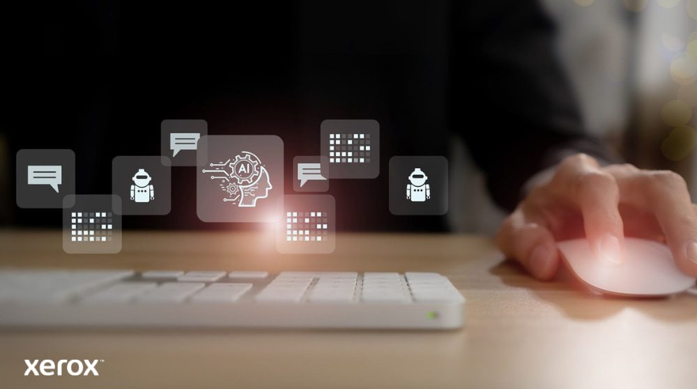 La mano di una persona è sul mouse di un computer, con icone astratte luminose legate alla comunicazione, all'intelligenza artificiale e all'elaborazione dei dati che fluttuano sopra la tastiera, rappresentando le funzionalità intelligenti dei documenti.